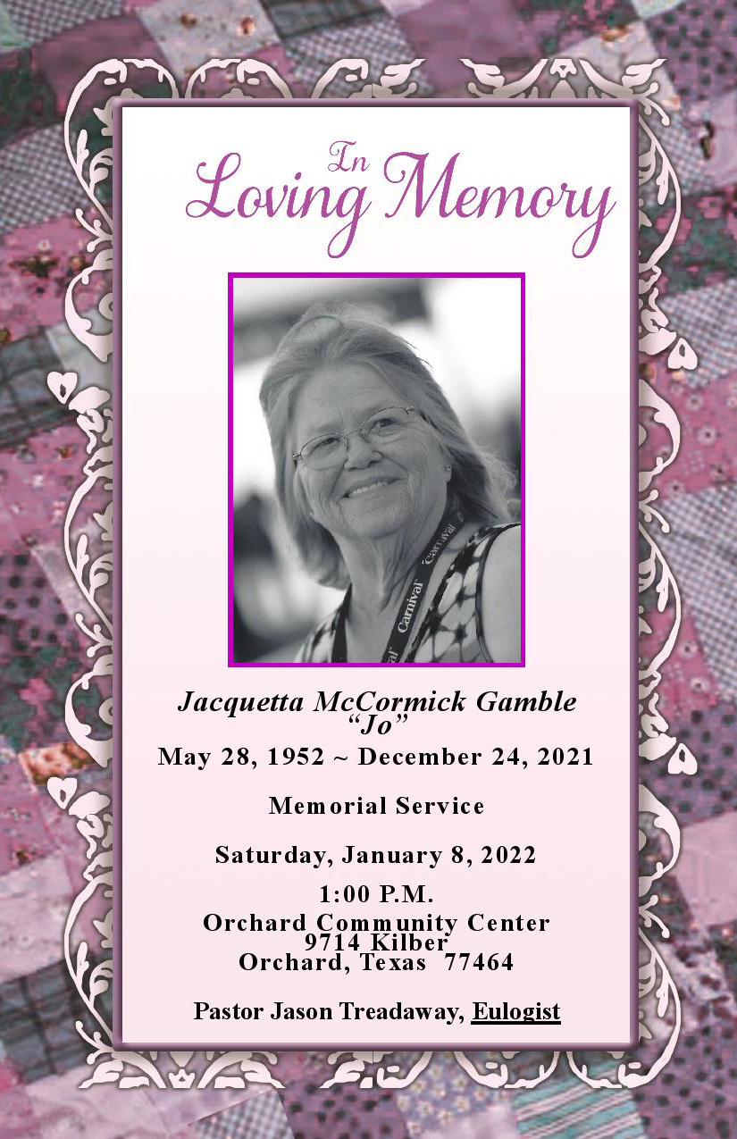 Jacquetta McCormick Gamble 1952 – 2021